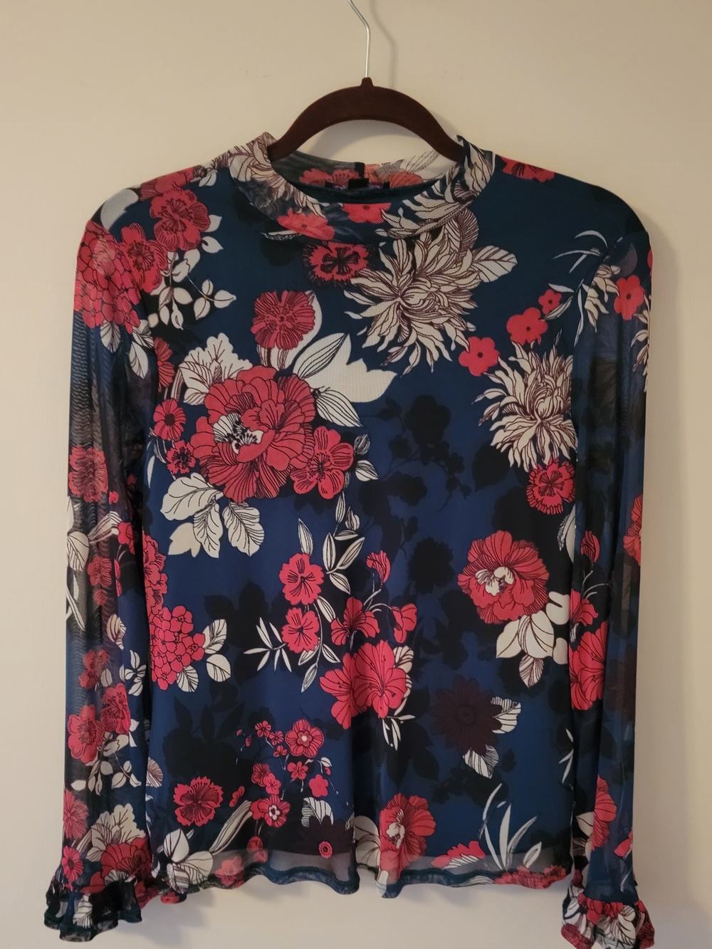 Cocomo Dark Green Mesh Long-Sleeve Top with Coral & Cream Floral Print